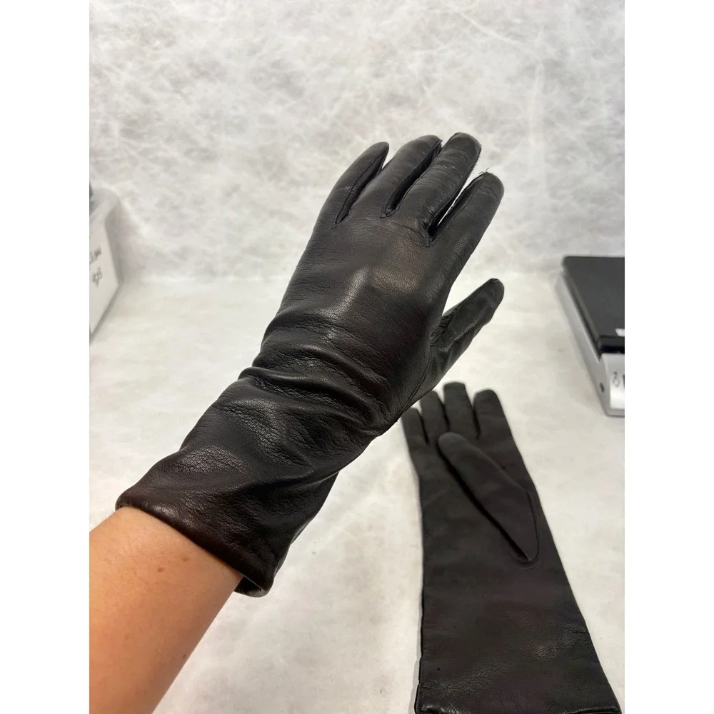 Vintage Black Leather Gloves Mid Length Lined Winter Dress Gloves Small Medium